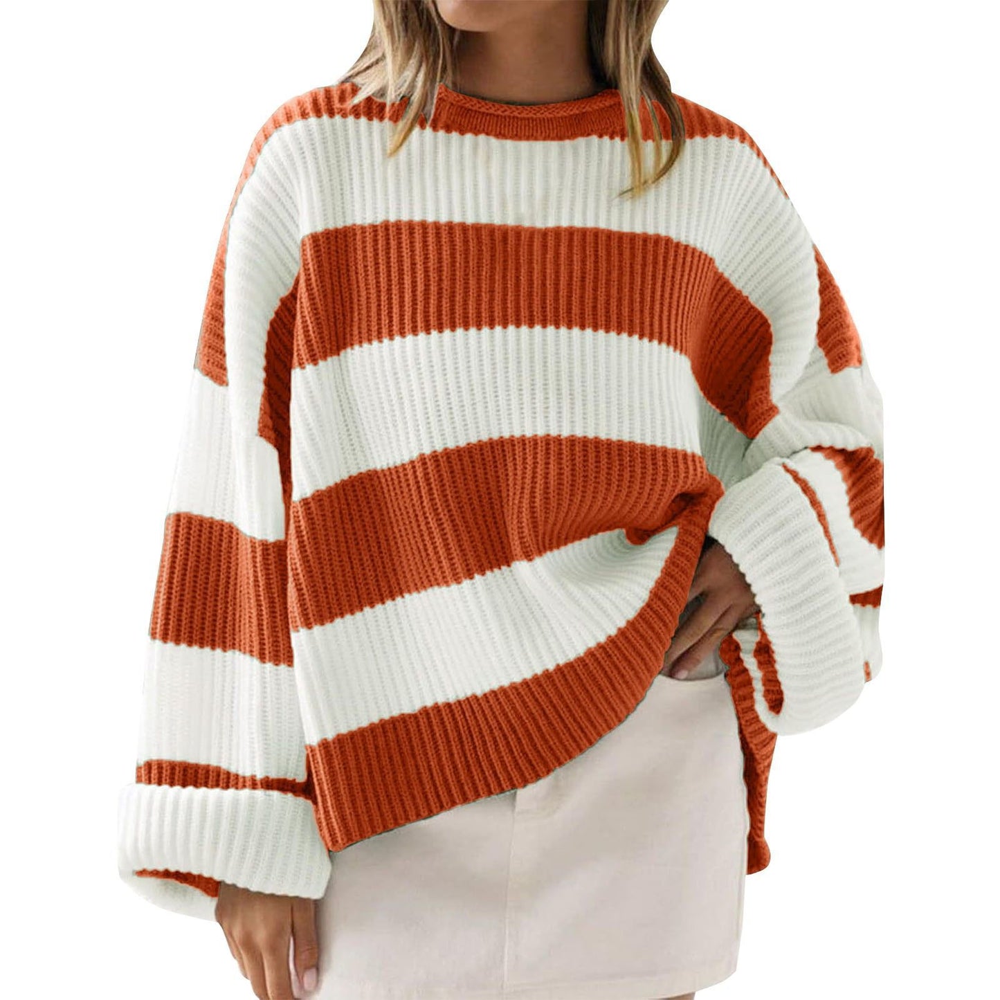Loose Striped Sweater Fashion Casual Long Batwing Sleeve Round Neck Pullover Knit Tops Women Clothing 5
