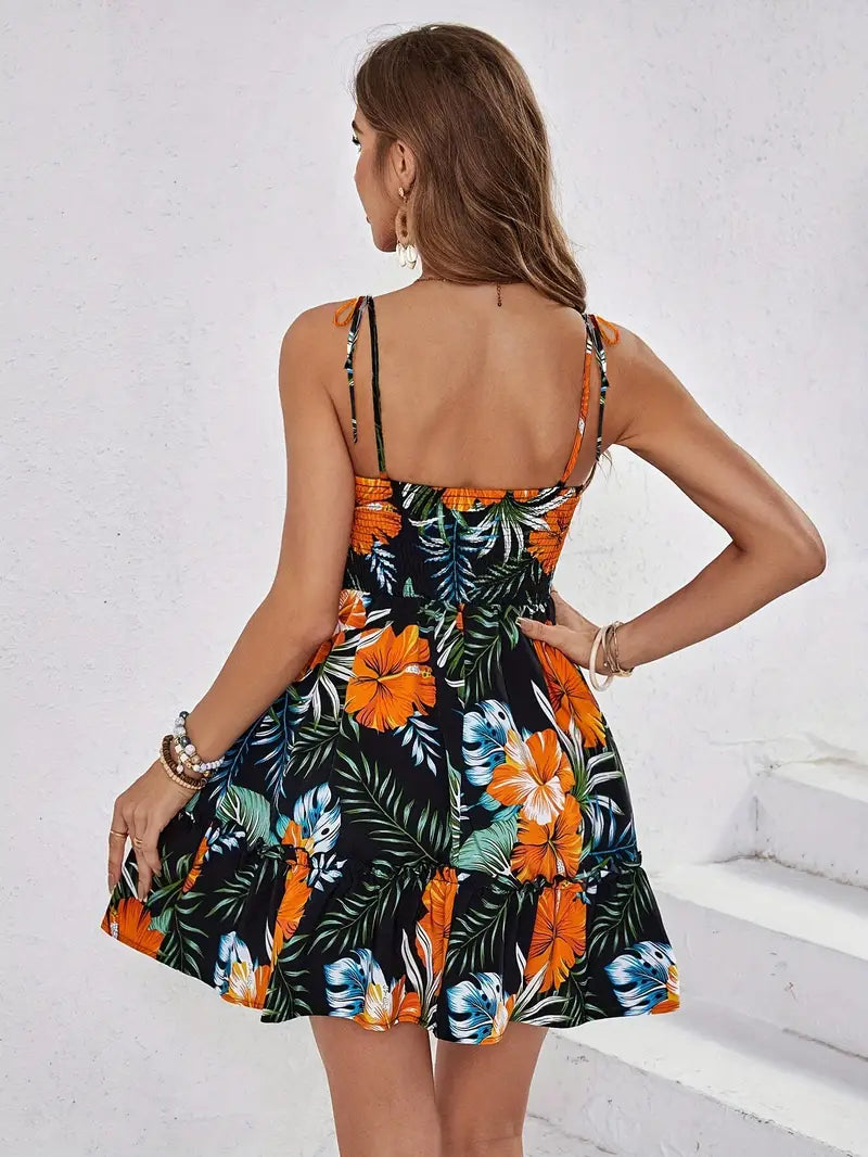 Beatrix | Damen Minikleid mit Tropischem Print und Rüschensaum