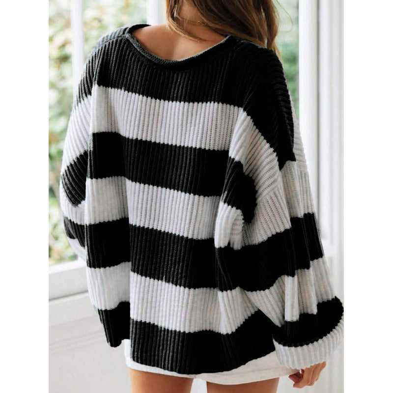 Loose Striped Sweater Fashion Casual Long Batwing Sleeve Round Neck Pullover Knit Tops Women Clothing 3