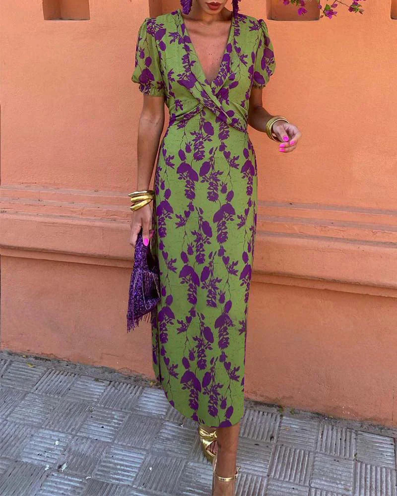 Abriella | Damen Midikleid mit Blumendruck und V-Ausschnitt