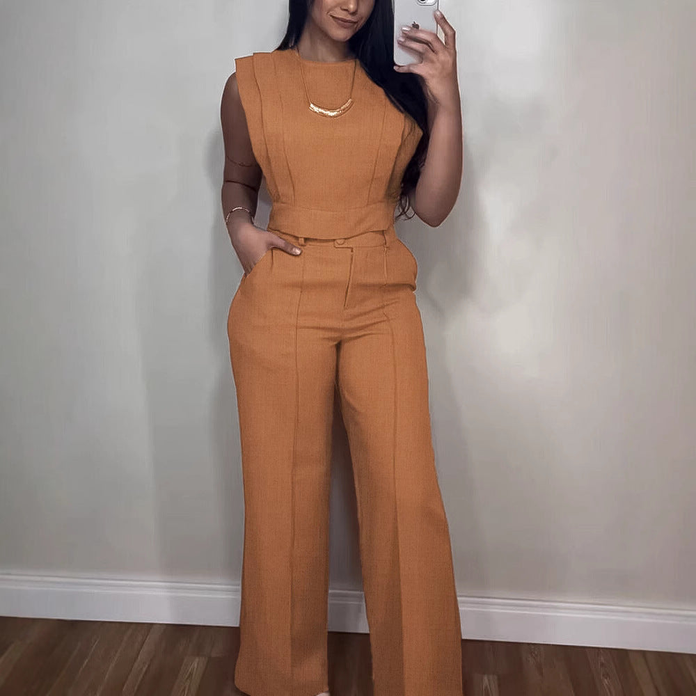 Summer Sleeveless Suit Fashion Round Neck Vest Top And Pocket Straight Pants Casual Trousers Set For Women Clothing 5