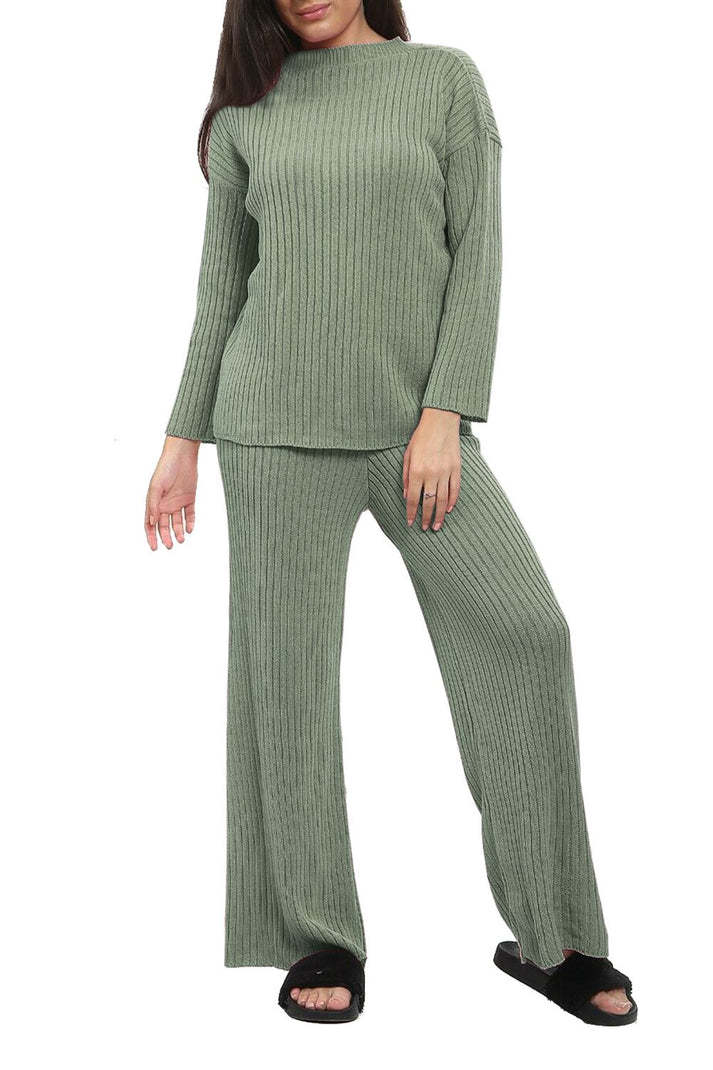 Ladies Chunky Knitted Ribbed Polo High Neck Top Leggings Loungewear Suit Set 9