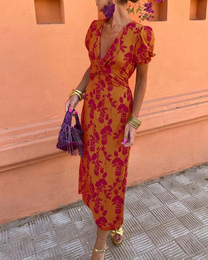 Abriella | Damen Midikleid mit Blumendruck und V-Ausschnitt