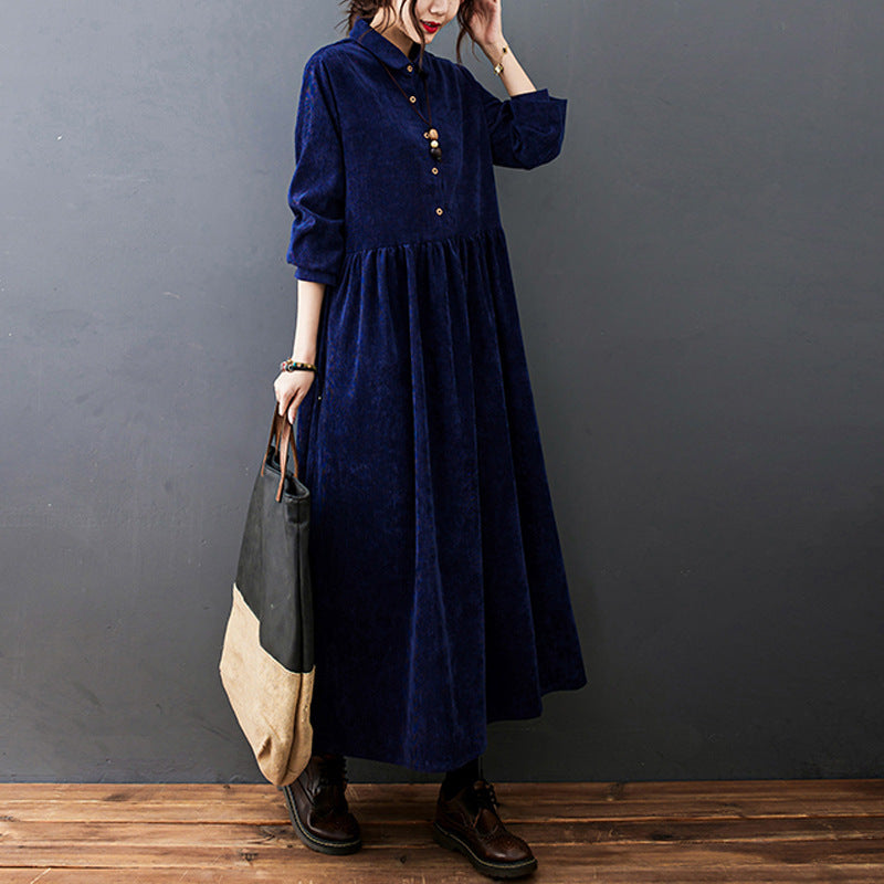 Damen Corduroy Maxi Kleid mit Hemdkragen und Knopfleiste 2
