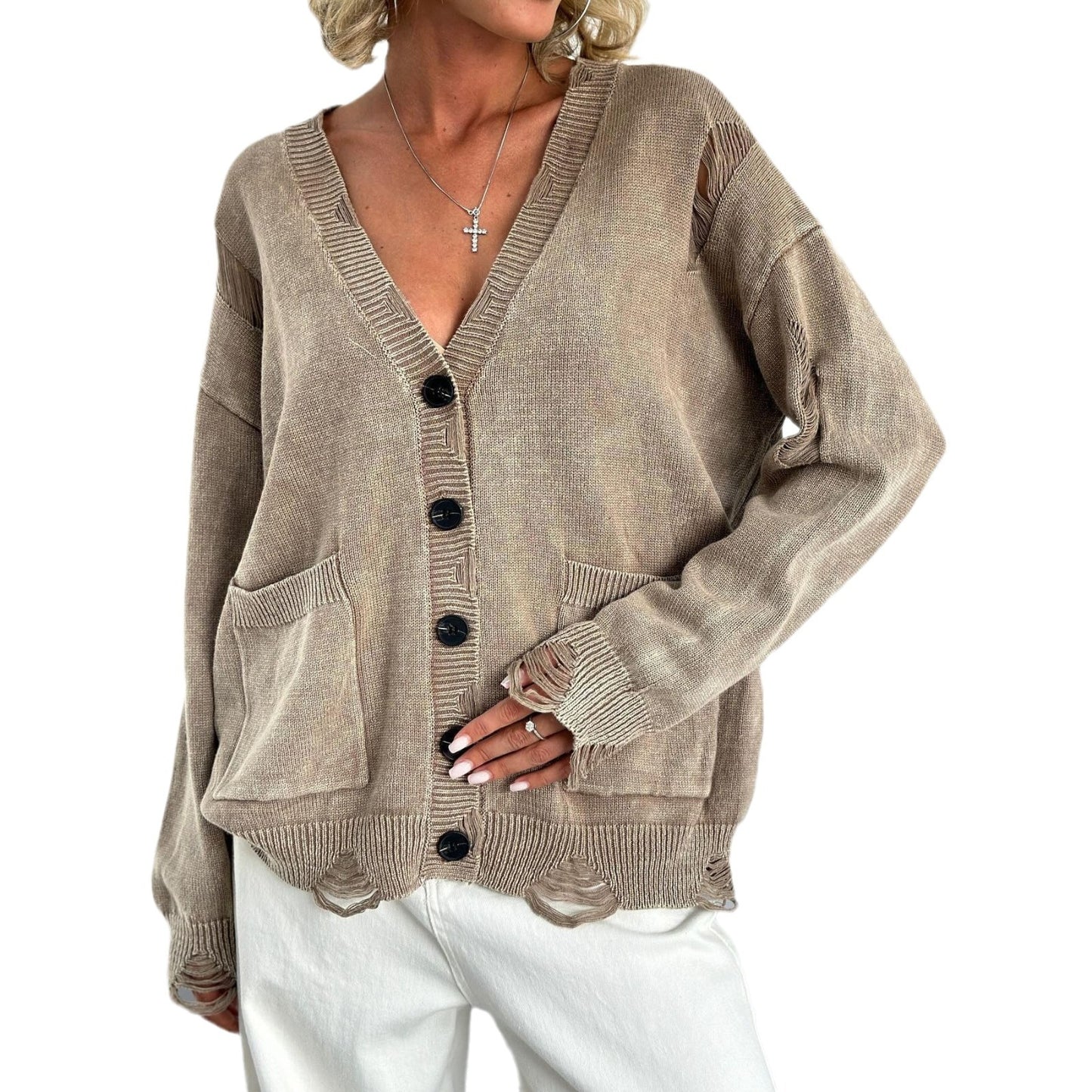 Washed-Out-Strickjacke für Damen