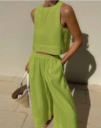 Ursella | Damen Set aus ärmellosem Crop-Top und weiter Hose aus Leinen