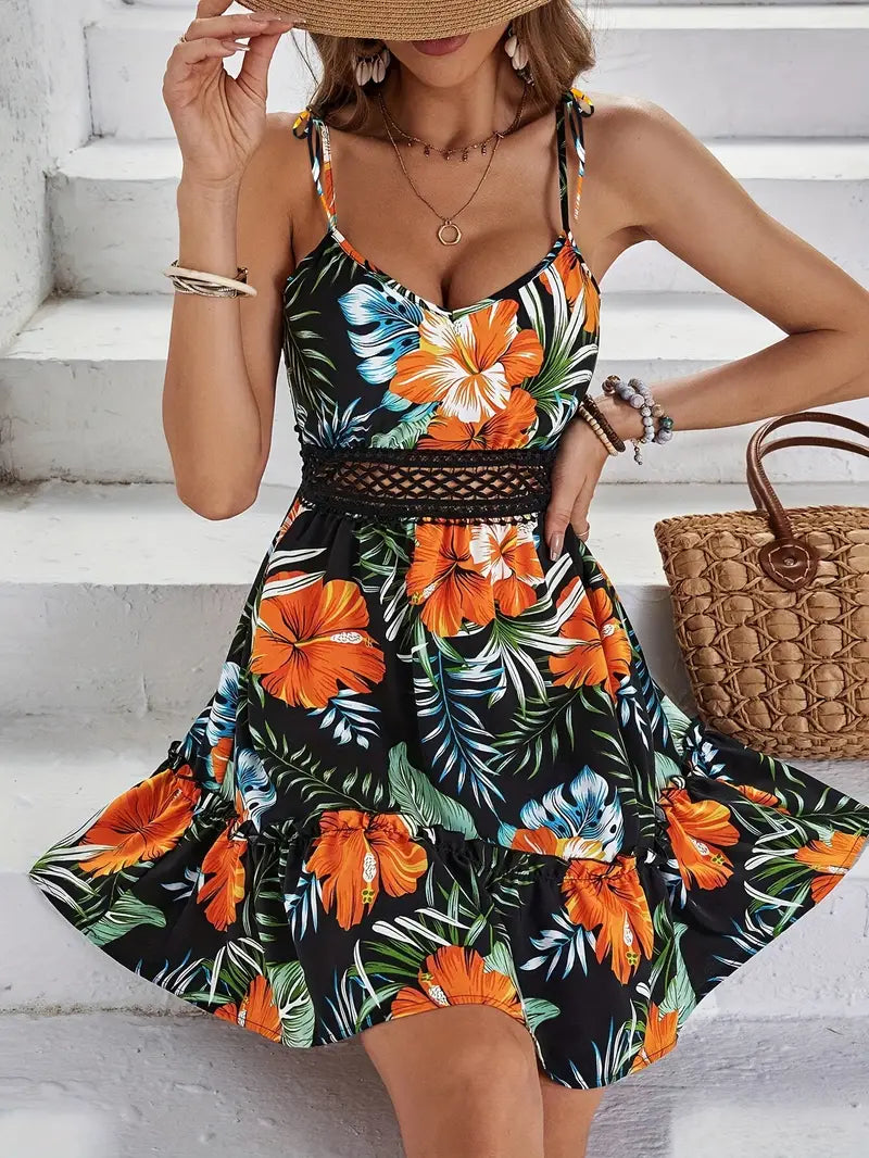 Beatrix | Damen Minikleid mit Tropischem Print und Rüschensaum