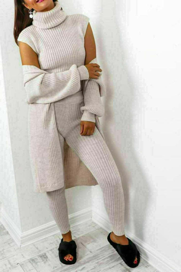 Ladies 3 Piece Suit Roll Neck Chunky Knitted Ribbed Tracksuit Lounge Set 5