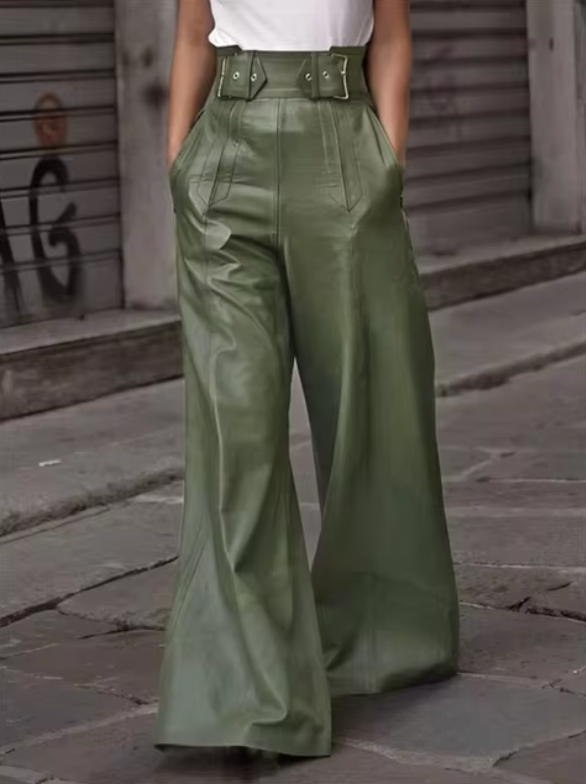 Lora | Acquista pantaloni di pelle alti da donna – Eleganti pantaloni di pelle con dettagli plissettati