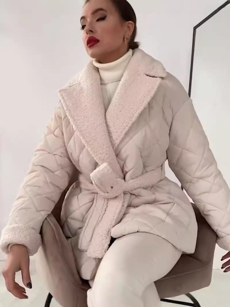 Women's down jacket with lapel collar and tie belt