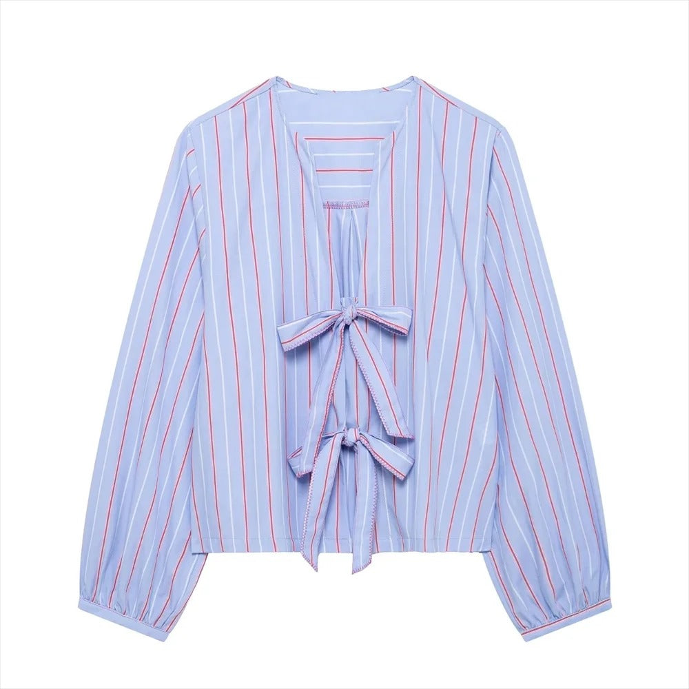 Variant image for Carina | Damen Bluse mit Streifen und Schleifendetail für lässige Outfits-1