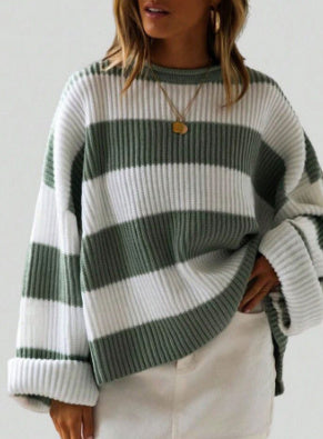 Loose Striped Sweater Fashion Casual Long Batwing Sleeve Round Neck Pullover Knit Tops Women Clothing 10