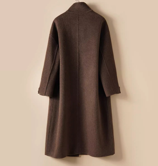 Long wool coat made of premium wool with modern collar cutout