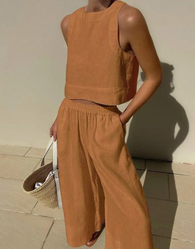 Ursella | Damen Set aus ärmellosem Crop-Top und weiter Hose aus Leinen