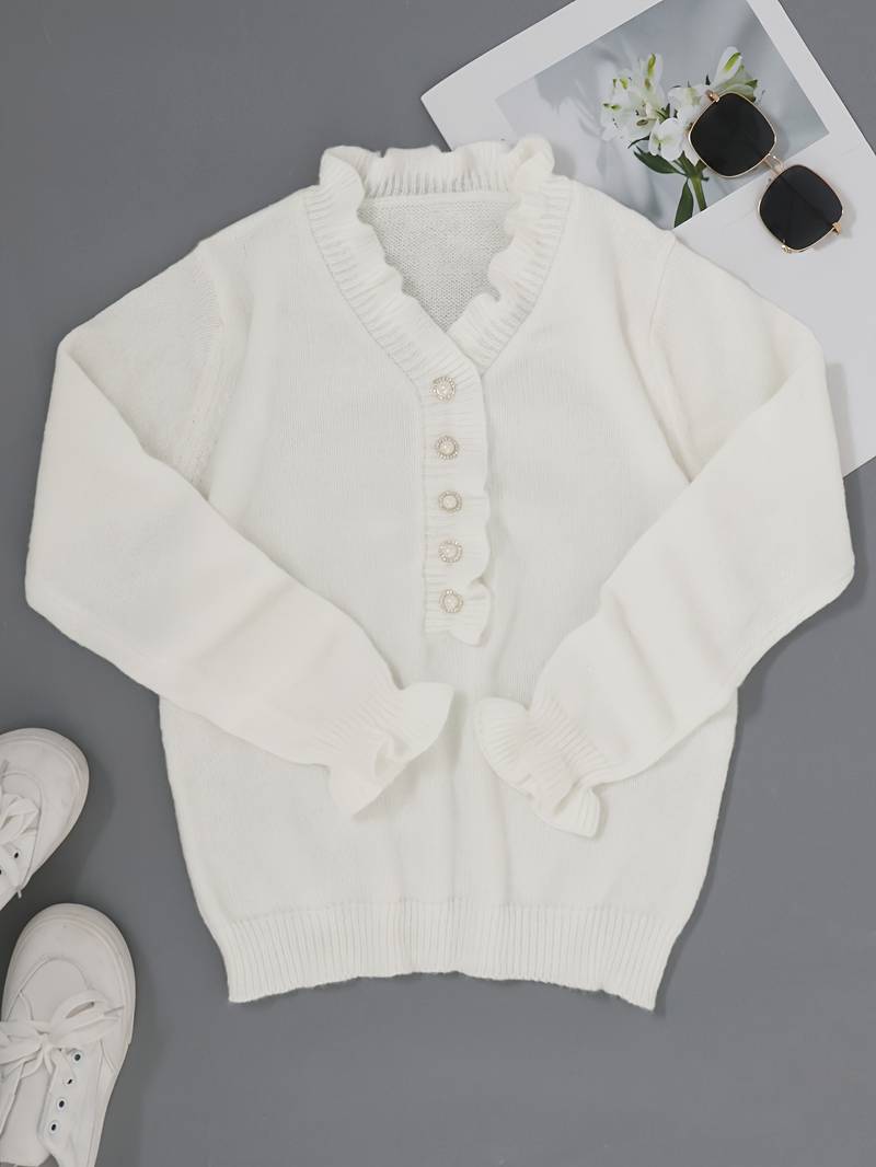 Beatrix | Eleganter Damenpullover mit Zierknöpfen und V-Ausschnitt