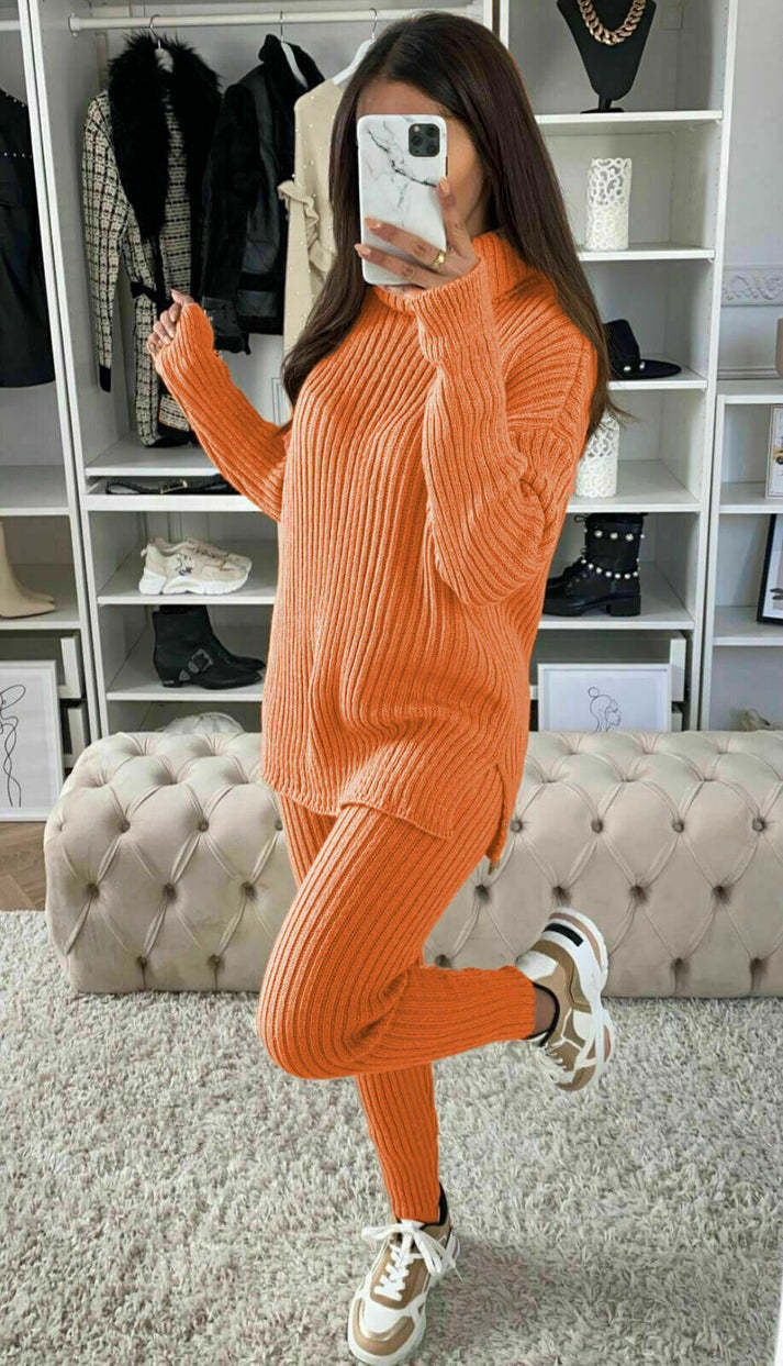 Ladies Chunky Knitted Ribbed Polo High Neck Top Leggings Loungewear Suit Set 11