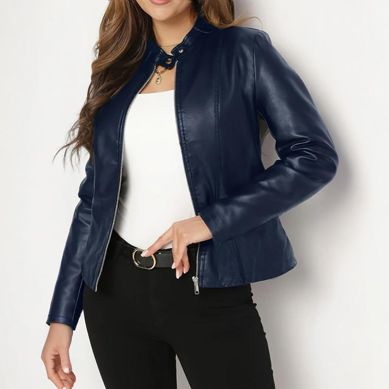 Womens Solid Color Long Sleeve Stand Collar Faux Leather Blazer - Single Button Zippered Jacket For Fall&Winter 11