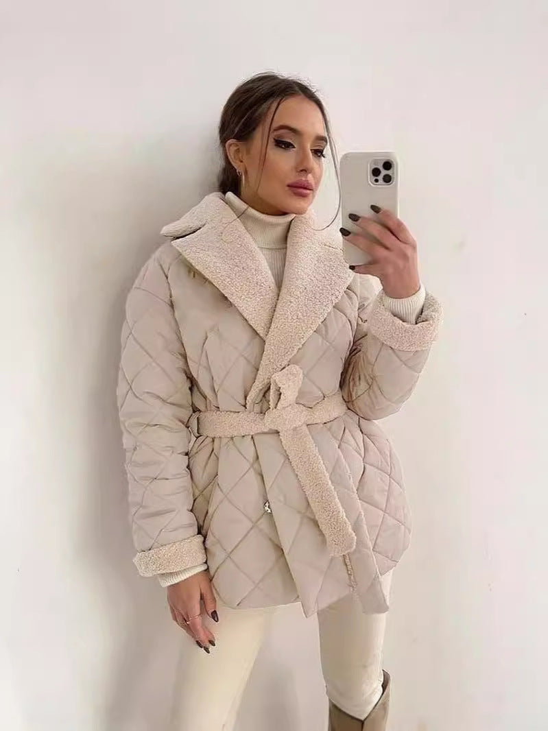 Women's down jacket with lapel collar and tie belt