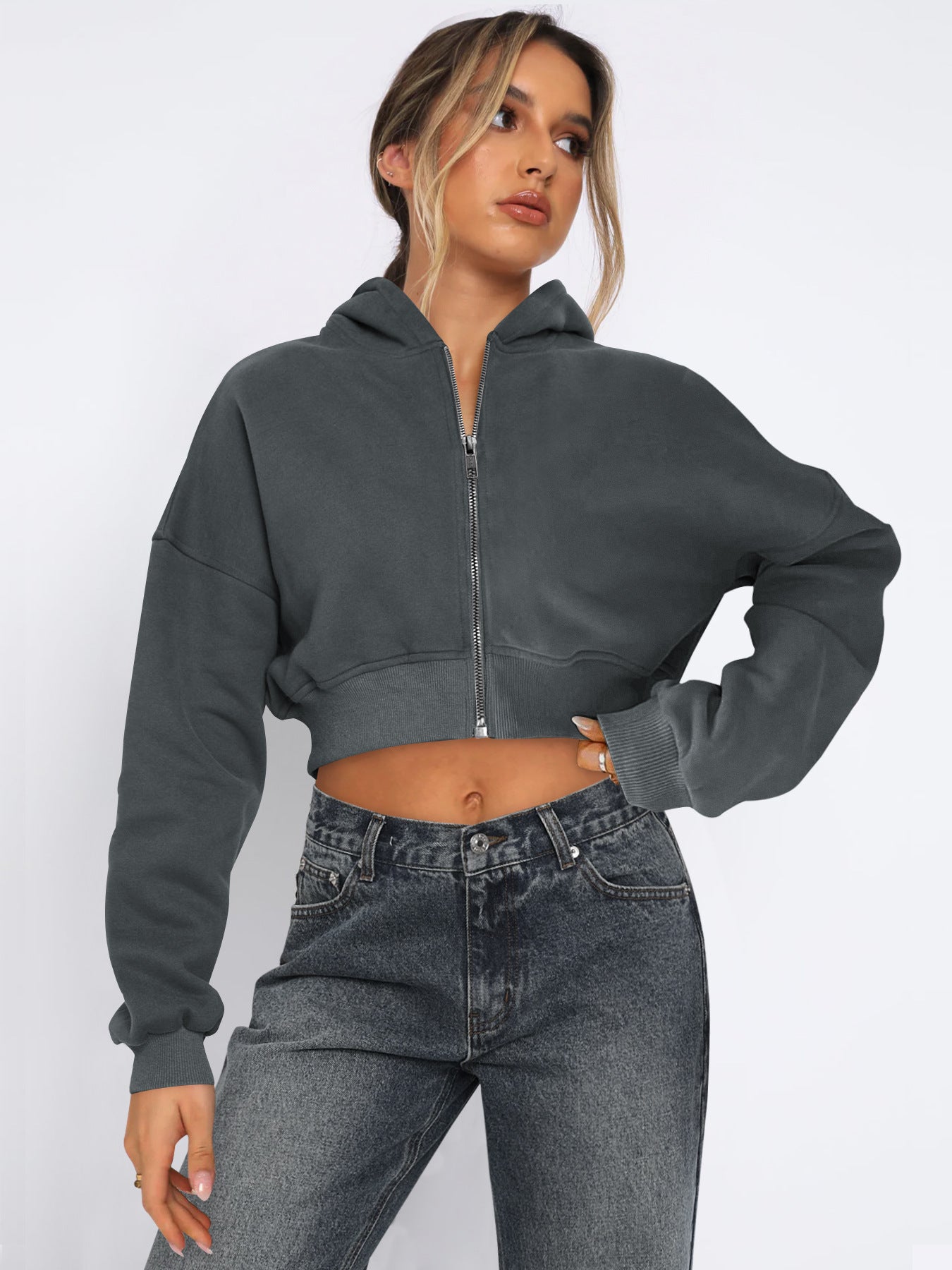Kurzer Fleece-Hoodie mit Reißverschluss