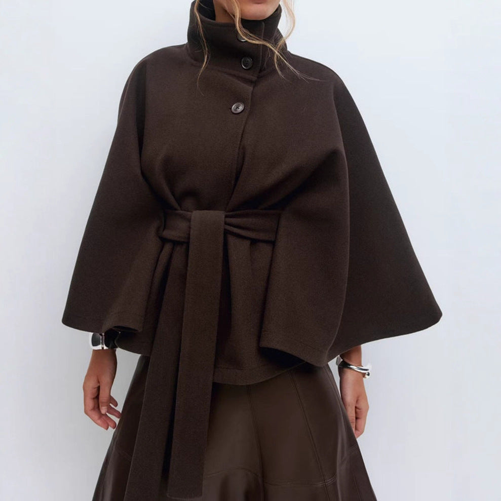 Winter High Neck Batwing Sleeve Coat With Belt Fashion Loose Elegant Button Top Trench Coat For Women Clothing 4