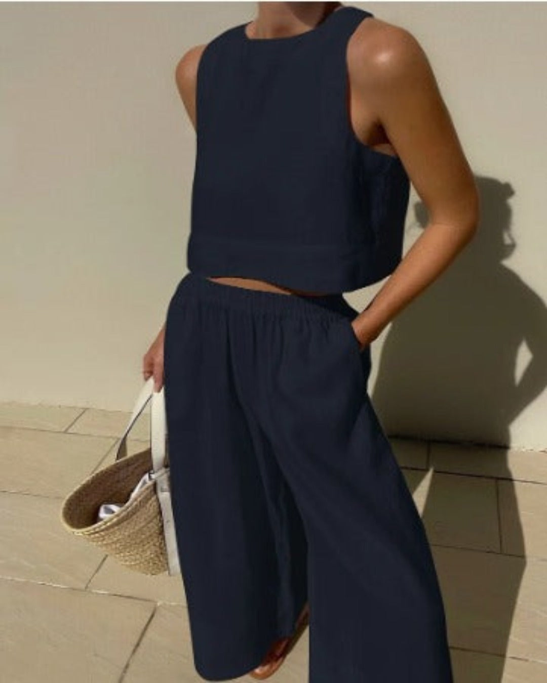 Ursella | Damen Set aus ärmellosem Crop-Top und weiter Hose aus Leinen