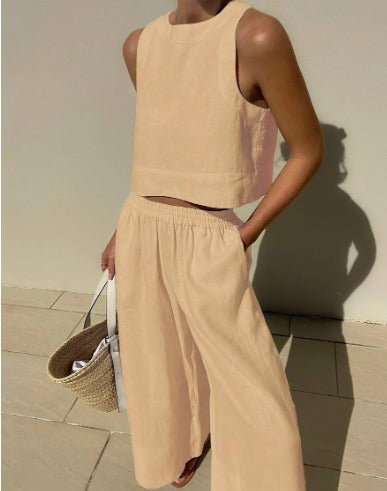 Ursella | Damen Set aus ärmellosem Crop-Top und weiter Hose aus Leinen