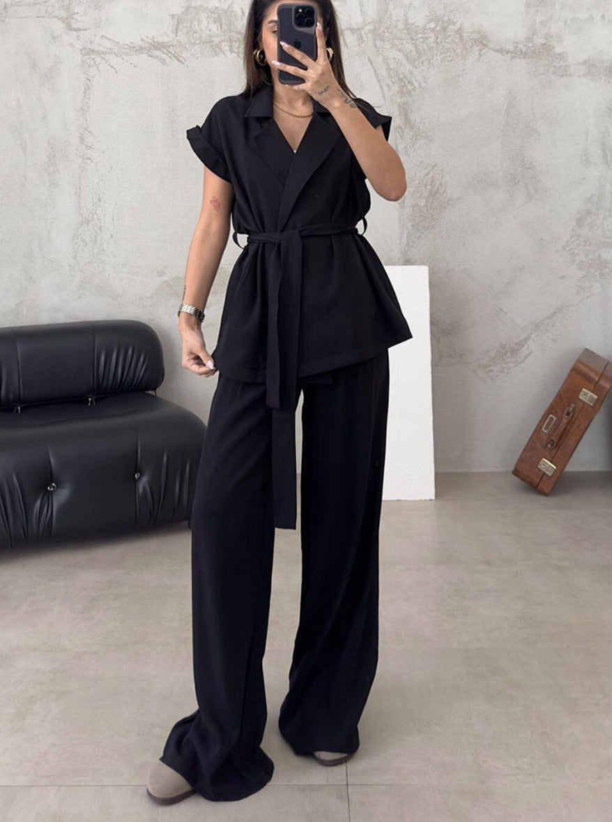 Ärmelloses Cardigan und Hoch Taillierter Hosenanzug Set