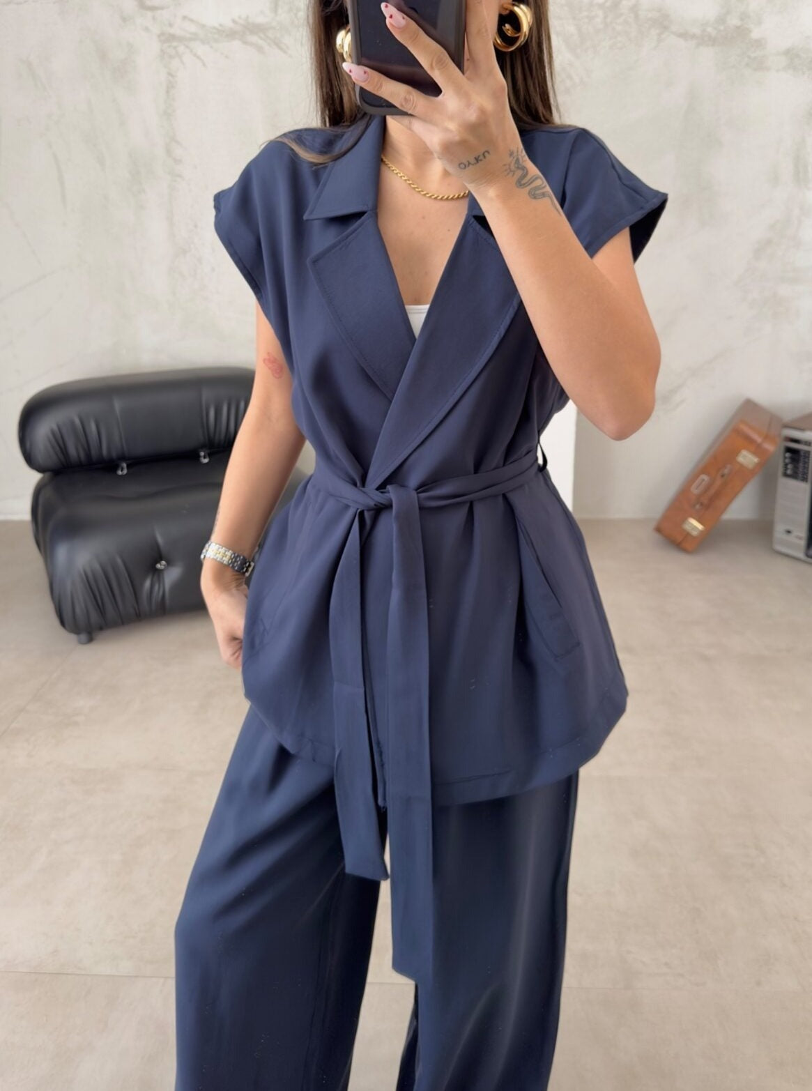 Ärmelloses Cardigan und Hoch Taillierter Hosenanzug Set