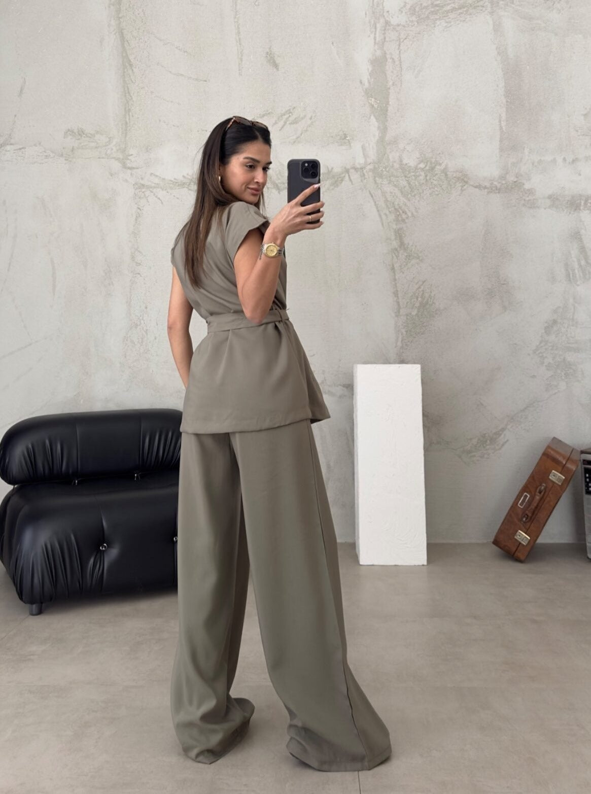 Ärmelloses Cardigan und Hoch Taillierter Hosenanzug Set