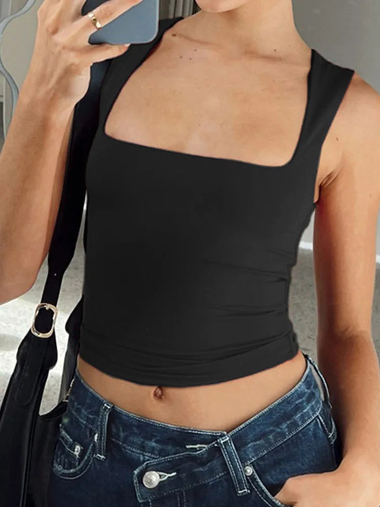Top corto senza maniche con colletto da donna