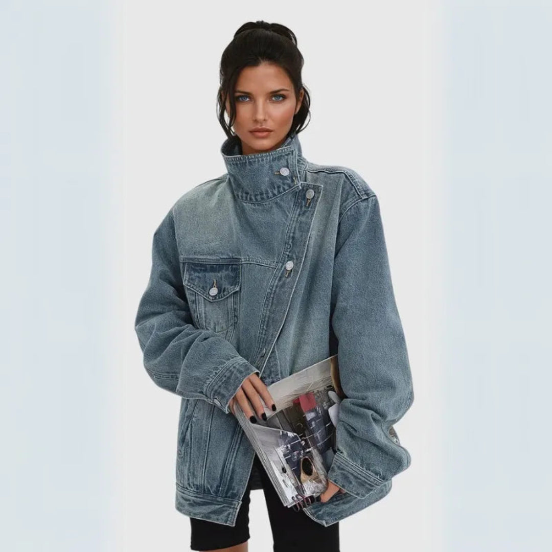 Asymmetric denim jacket women in plus size