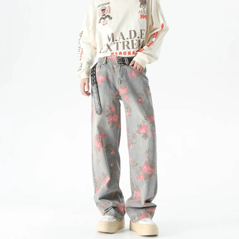 Baggy Jeans with Floral Pattern for Men