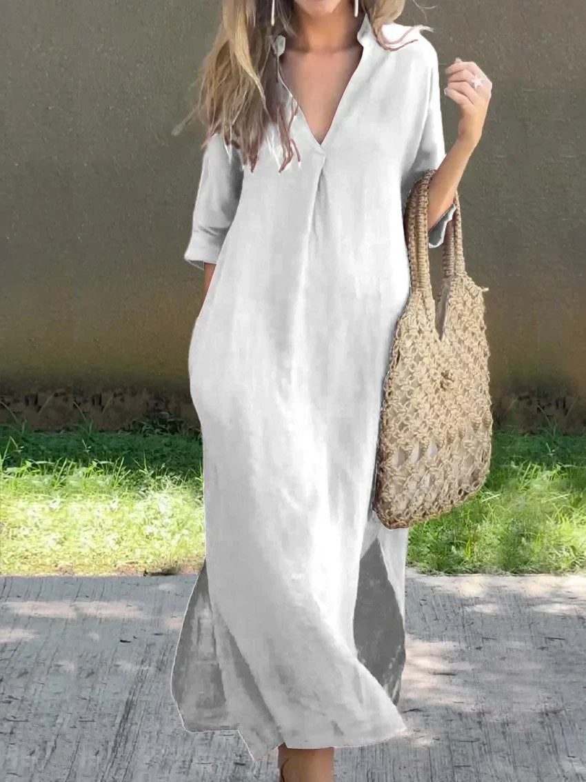 Michelle | Lange Leinenkleid mit V-Ausschnitt
