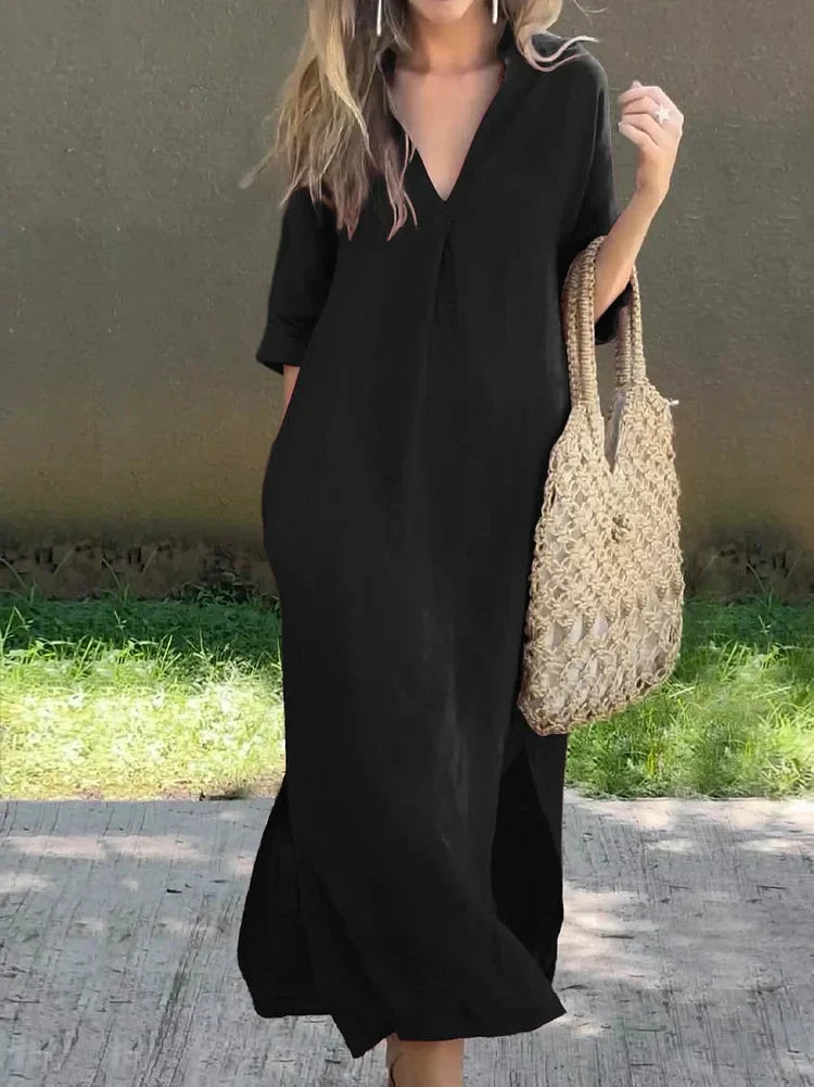 Michelle | Lange Leinenkleid mit V-Ausschnitt