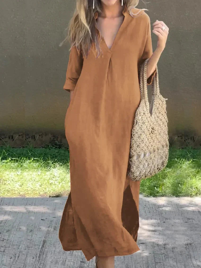 Michelle | Lange Leinenkleid mit V-Ausschnitt