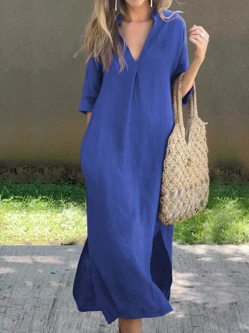 Michelle | Lange Leinenkleid mit V-Ausschnitt