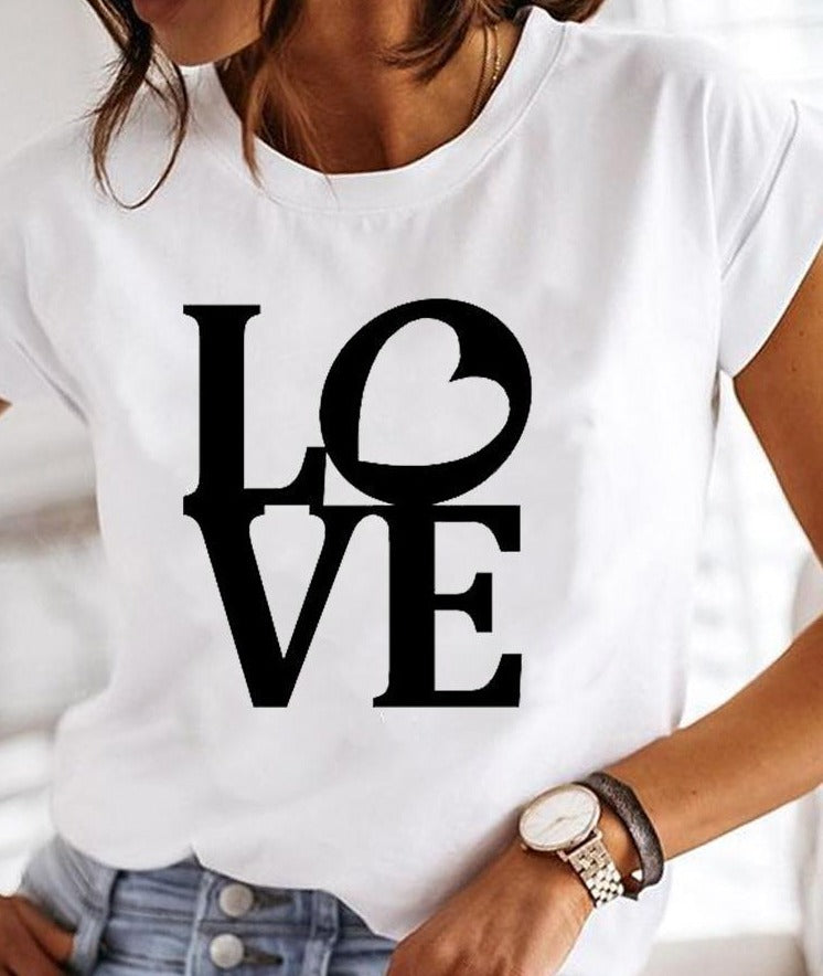 Tryckt dam-sommar-t-shirt med rund halsringning