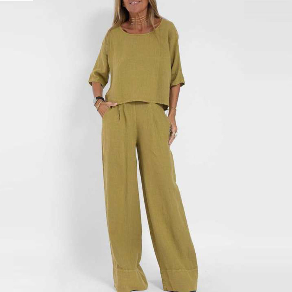 Variant image for Damen Zweiteiliges Set Beige Größe M Baumwolle-Leinen-5