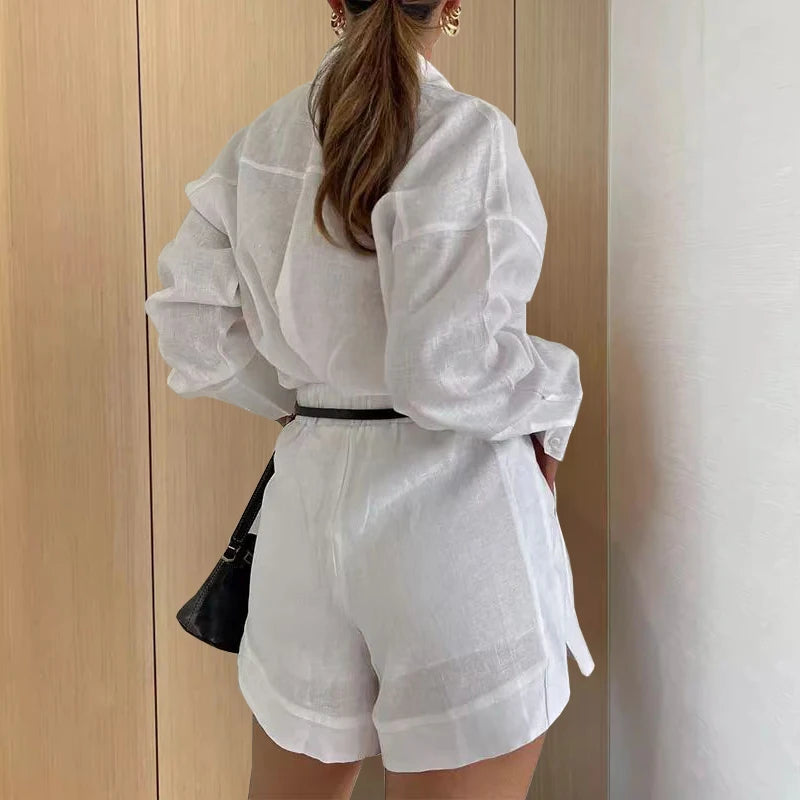 Damen 2-teiliges Set mit Langarm Bluse und Shorts