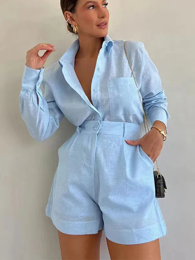 Damen 2-teiliges Set mit Langarm Bluse und Shorts