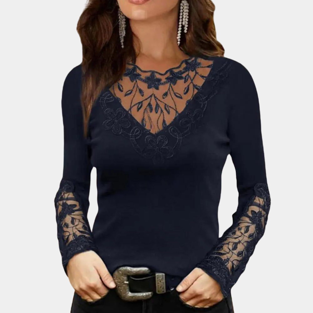 Damen Bluse Elegante Spitzenbluse mit V-Ausschnitt