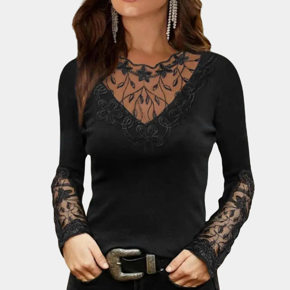 Damen Bluse Elegante Spitzenbluse mit V-Ausschnitt