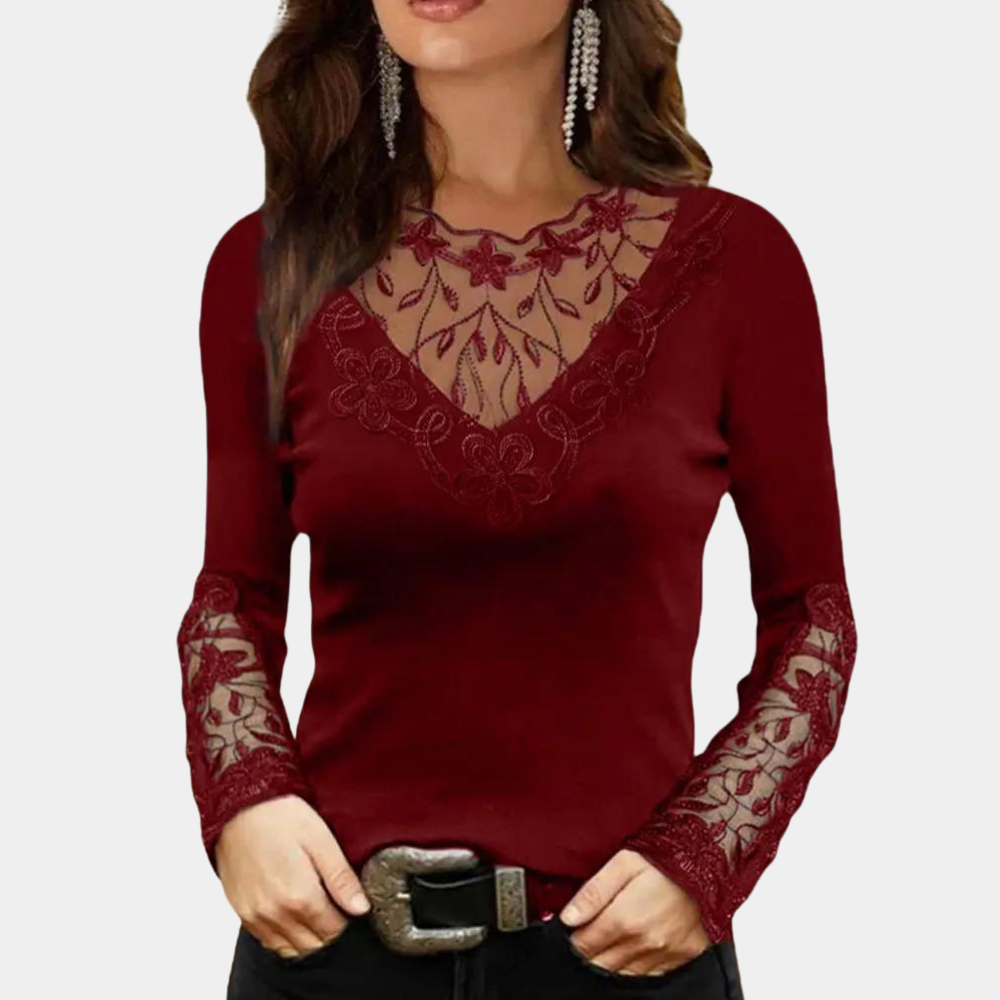 Damen Bluse Elegante Spitzenbluse mit V-Ausschnitt