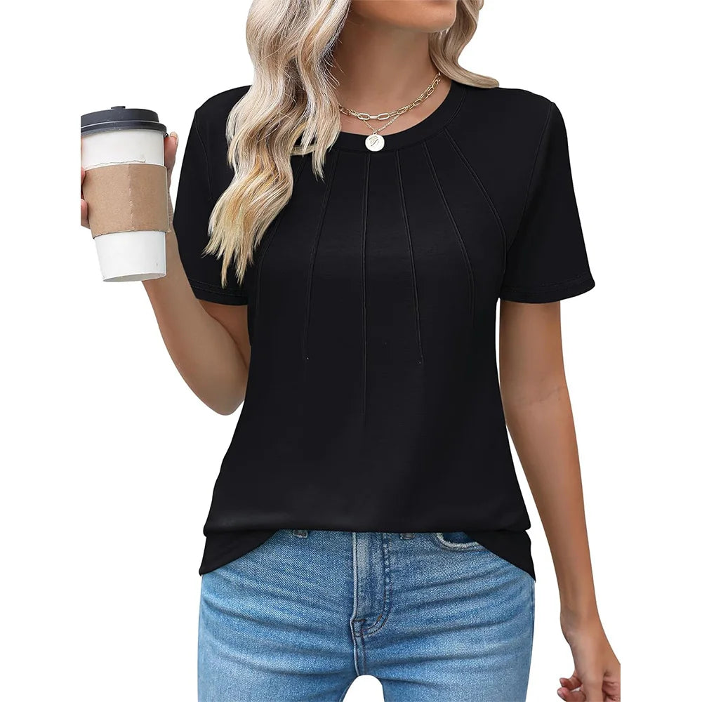 Damen Bluse mit Faltendesign und Rundhalsausschnitt