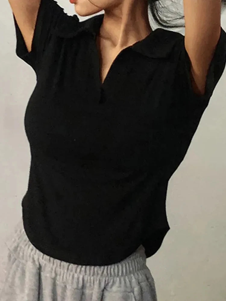 Damen Kurzarm V-Ausschnitt Bluse