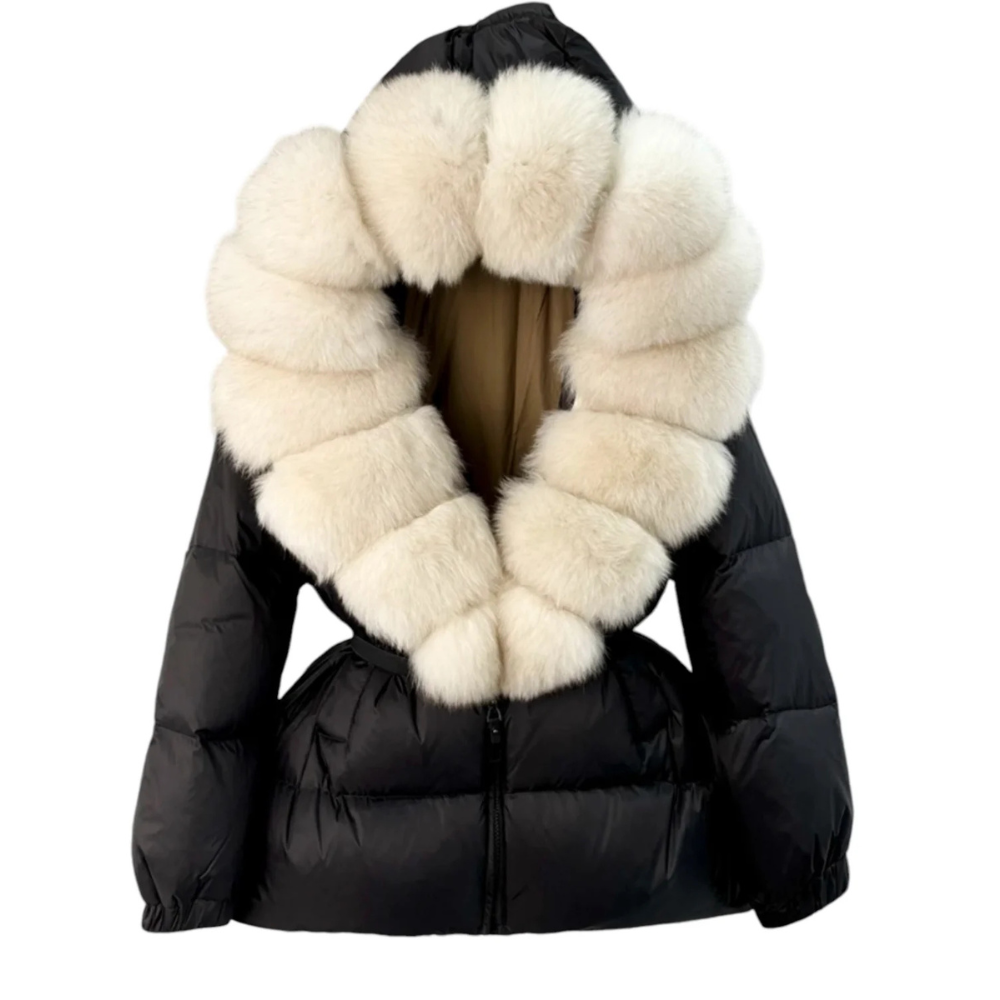 Damen Pufferjacke mit Kunstfellkragen und elastischem Taillengürtel