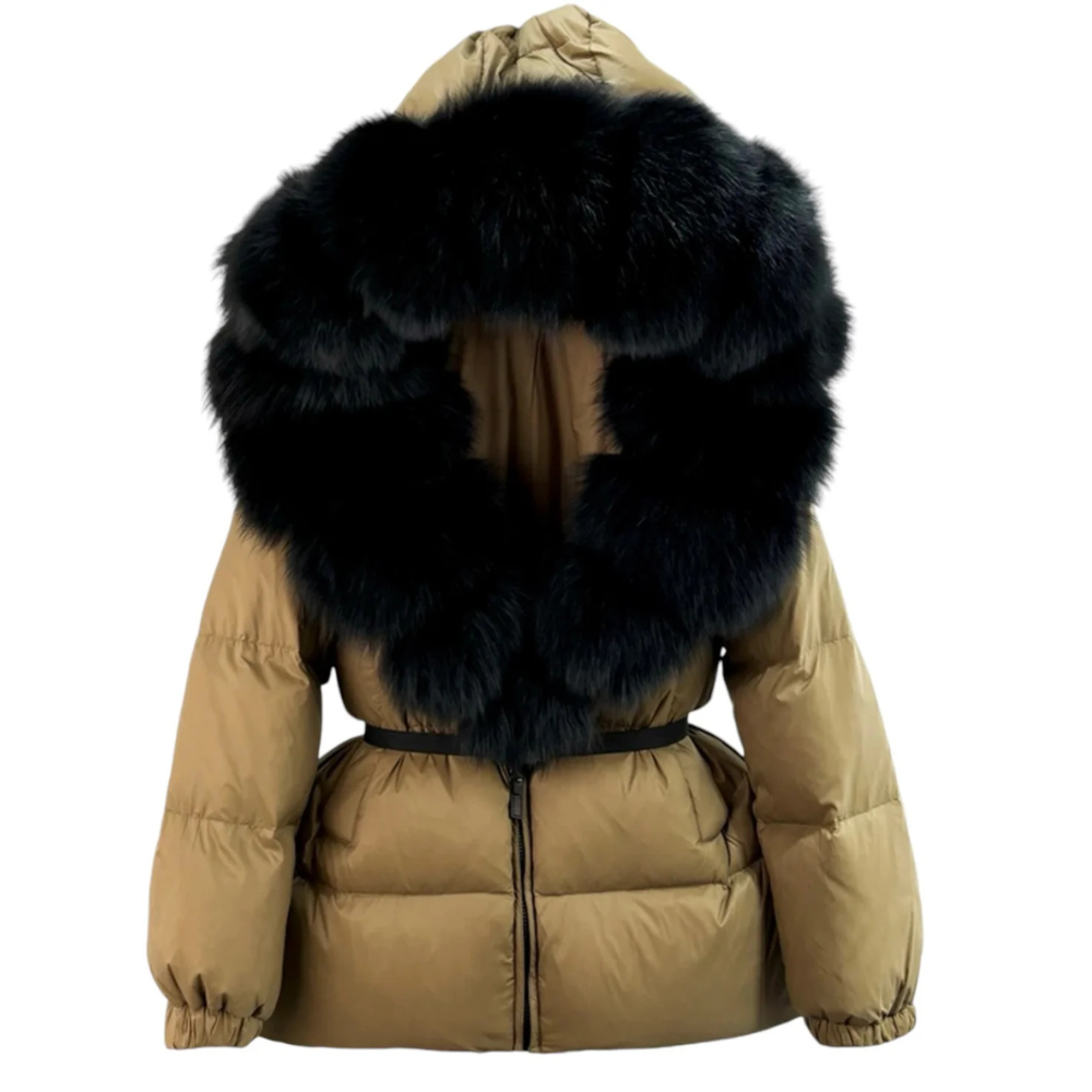 Damen Pufferjacke mit Kunstfellkragen und elastischem Taillengürtel