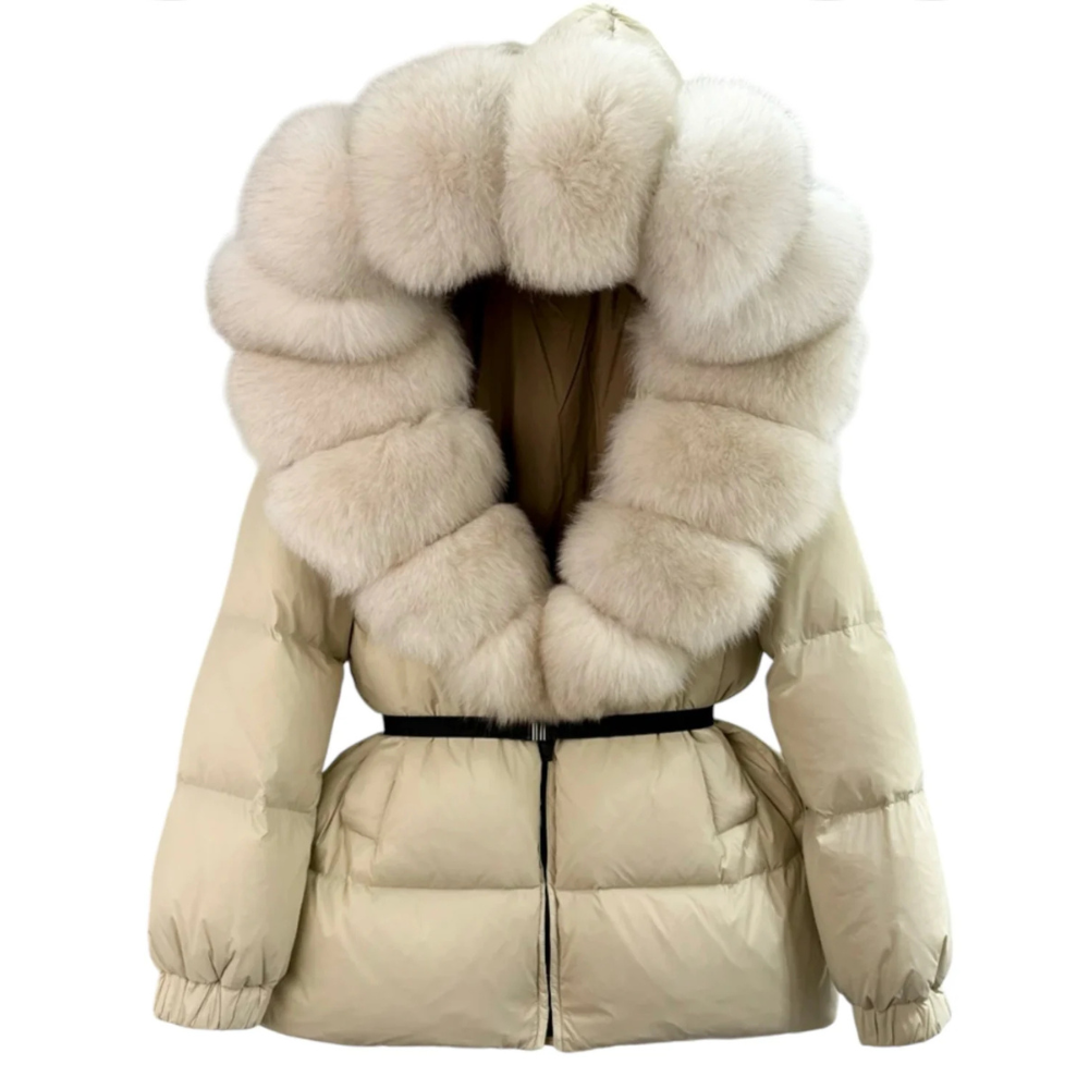 Damen Pufferjacke mit Kunstfellkragen und elastischem Taillengürtel