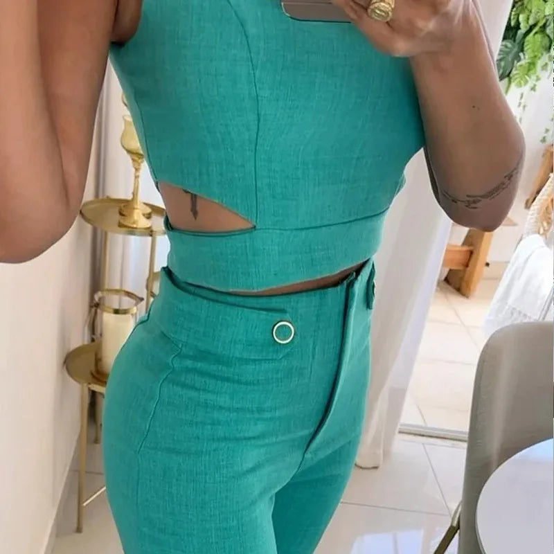 Damen Set mit Ausgeschnittenem Top und Hoher Taille