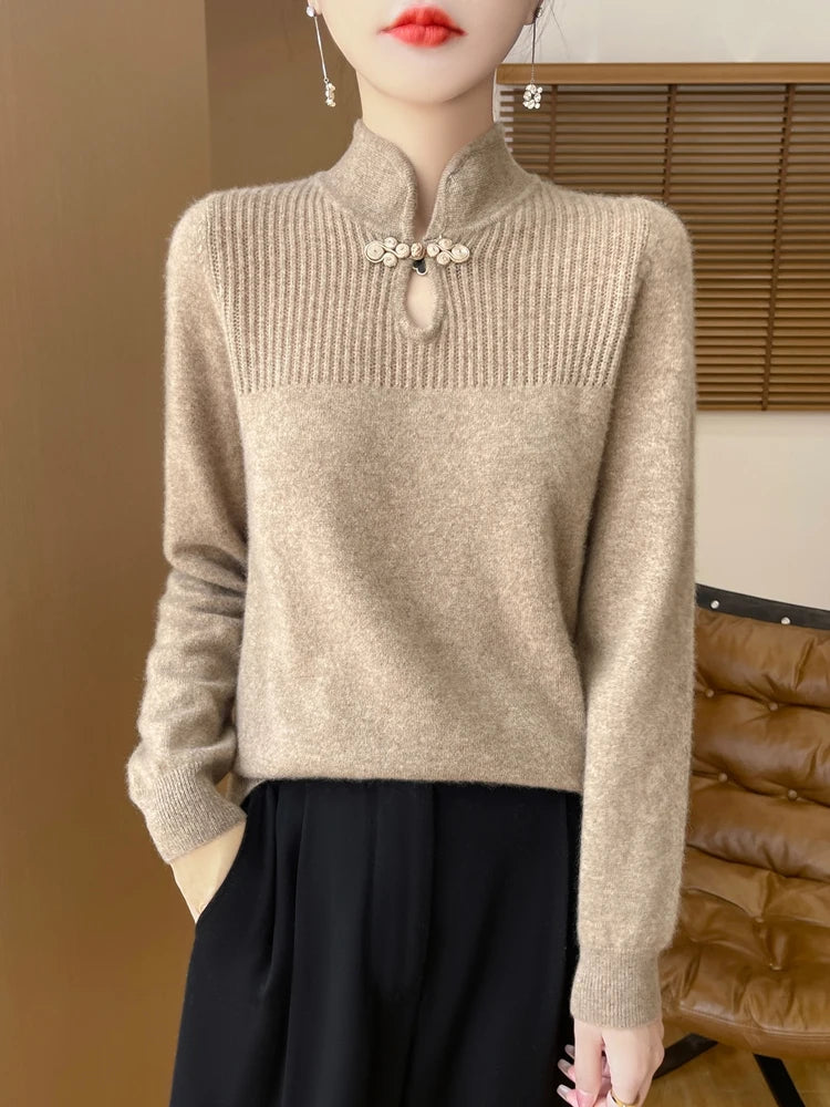 Damenpullover aus Merinowolle mit Mandarin-Kragen
